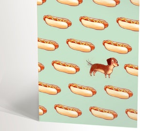 BIRTHDAY CARD with an illustration of a dachshund with hot dogs, funny sausage dog card