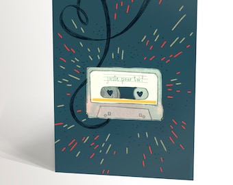 BIRTHDAY CARD with an illustration of a vintage cassette illustration with heart shaped ribbon for those who love music