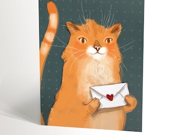 GREETING CARD with an illustration of cat holding a letter with a red heart between its paws red cat illustration 4,25'' X 5,5''