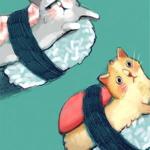 Carte de fête avec une illustration de trois chats sushis, carte d'anniversaire pour amoureux des chats et des sushis humour image 3