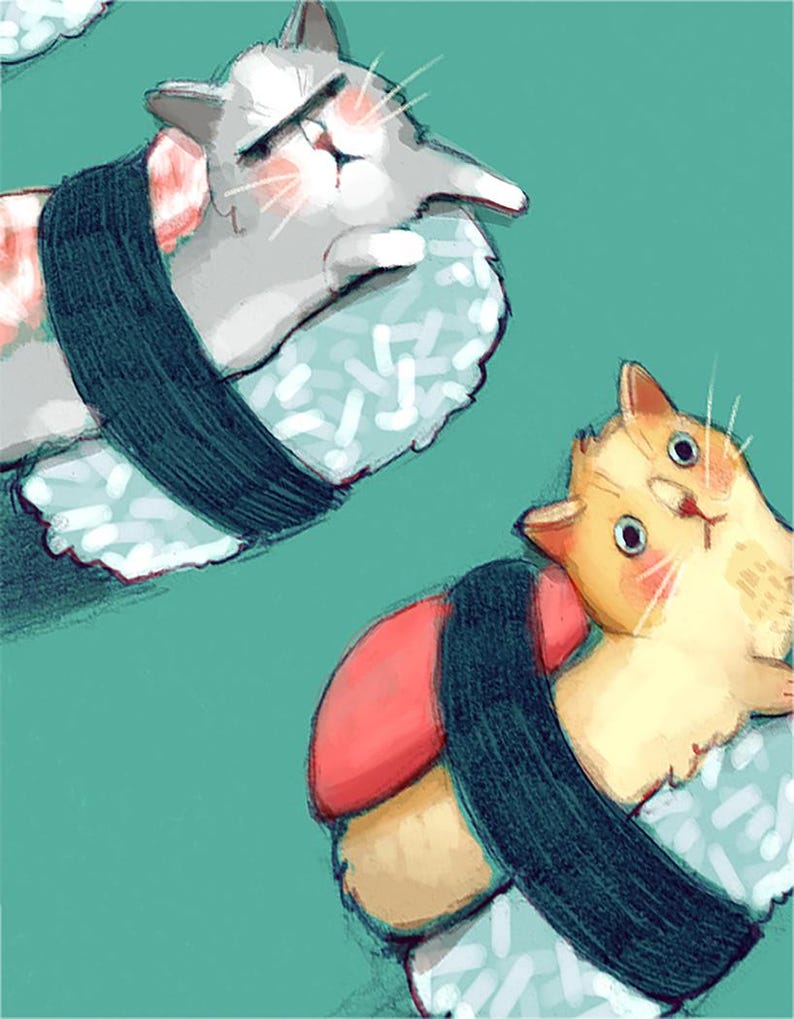 Carte de fête avec une illustration de trois chats sushis, carte d'anniversaire pour amoureux des chats et des sushis humour image 3