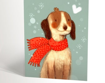 CHRISTMAS CARD illustration of a dog with its red knitted scarf, winter card dog with heart and snowflakes