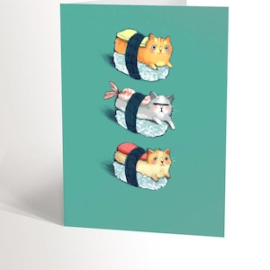 Carte de fête avec une illustration de trois chats sushis, carte d'anniversaire pour amoureux des chats et des sushis humour