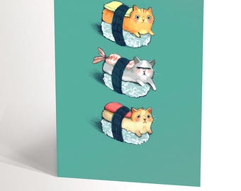 Carte de fête avec une illustration de trois chats sushis, carte d'anniversaire pour amoureux des chats et des sushis humour