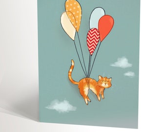 Funny BIRTHDAY CARD with an illustration of a cute grumpy red cat being pulled in the air by party balloons