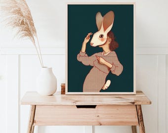 Affiche d'une illustration de femme portant une robe beige et un masque de lapin format 12'' x 16'' fond vert forêt