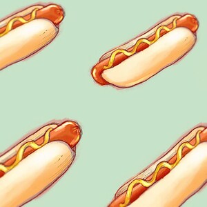 May include: A seamless pattern of hot dogs with yellow mustard on white buns against a light blue background.