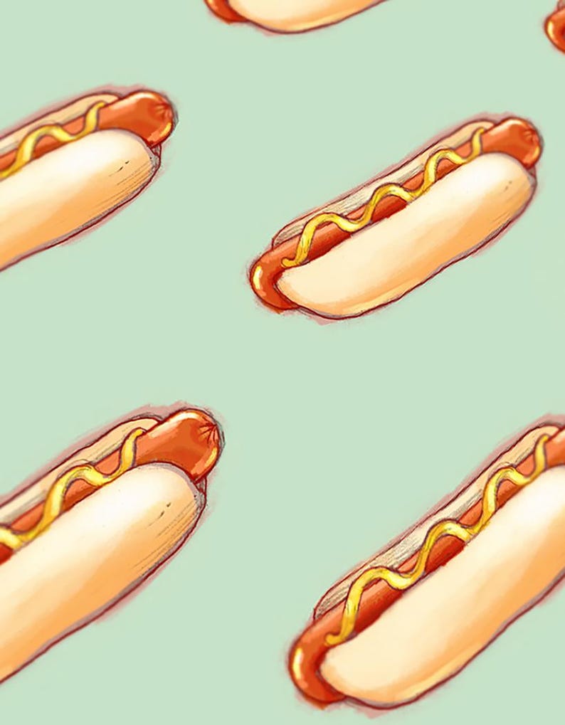 May include: A seamless pattern of hot dogs with yellow mustard on white buns against a light blue background.