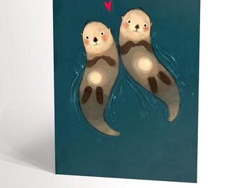Carte de fête avec une illustration de deux jeunes loutres flottant sur le dos amoureux des animaux amour amitié