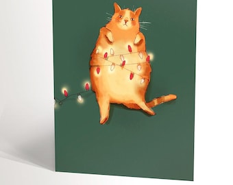 Christmas card with an illustration of big red cat tied in a garland | funny and cute christmas card | valerie boivin | 4,25’’ X 5,5’’