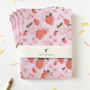 Pink lined NOTEBOOK with a summer strawberry tapestry pattern printed in Quebec 80 pages