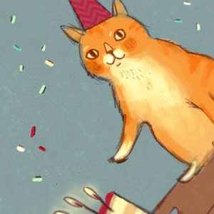 BIRTHDAY CARD with an illustration of a red cat pushing a birthday cake, cute funny card for cat lovers image 3