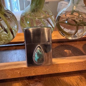 Turquoise Zippo Lighter made with Turquoise, and Sterling  Silver details and chrome plated zippo.
