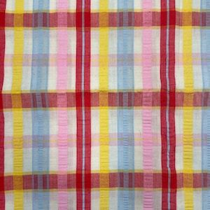 Plaid Seersucker Fabric – Textured Cotton Blend - Red Yellow Blue Pink Cheerful Bright