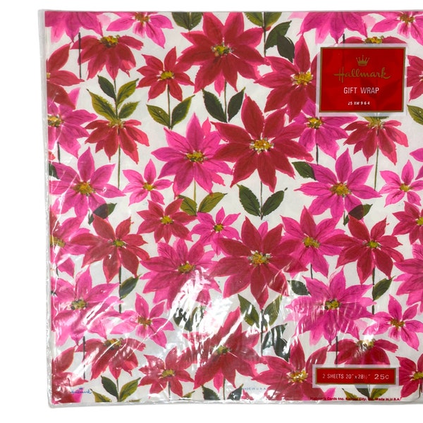 Vintage Wrapping Paper Christmas Holiday Pink Red Ponsietta Flowers Gift Wrap Hallmark Made in USA New in Original Packaging