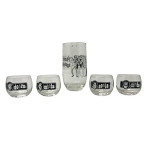RARE Vintage Friendly Foursome Cocktail Mixing Glass + Four Mini Roly Poly Glasses in Original Box — Barbershop Quartet — Retro MCM Barware