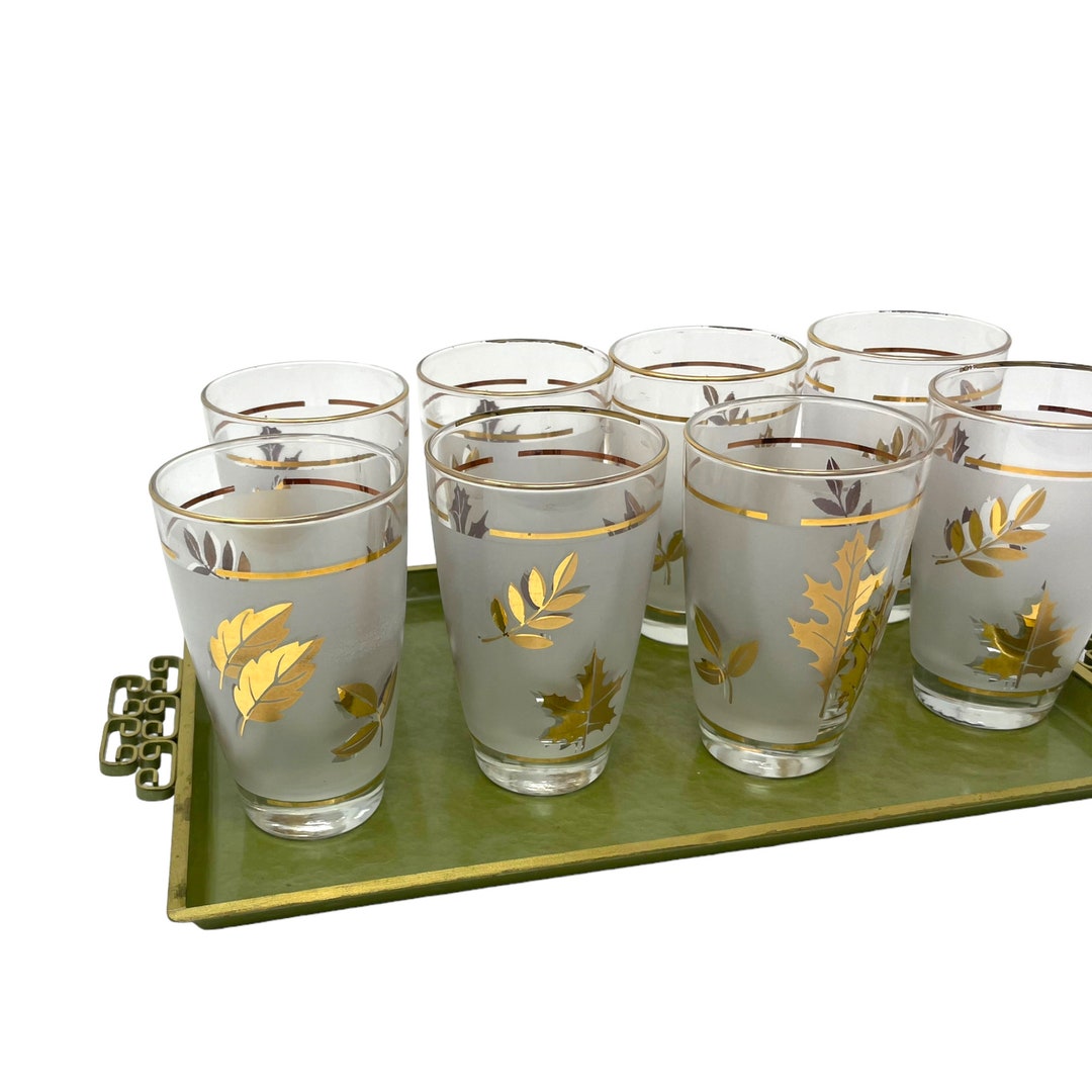 Vintage Libbey Hostess Glassware Golden Foliage Beverage Glass Set Retro Glassware Barware