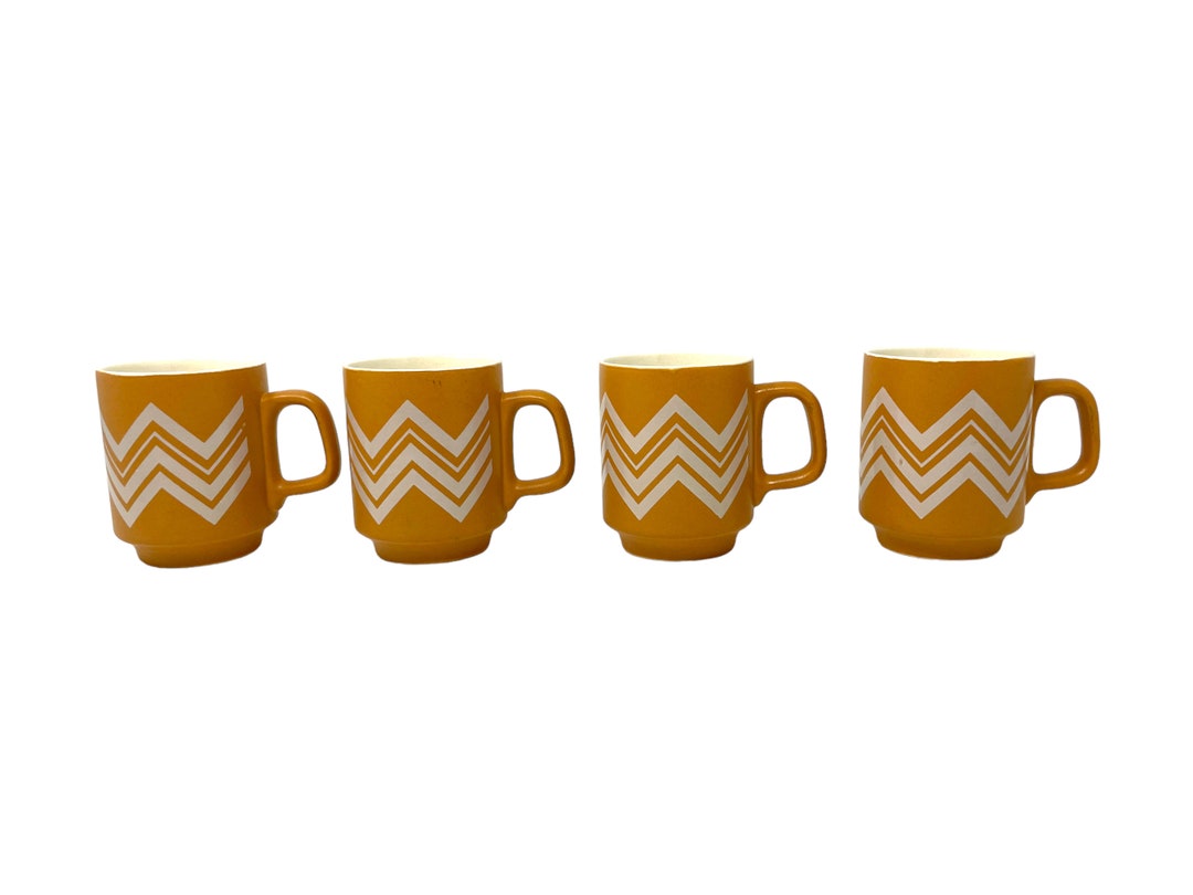 Vintage Ironstone Zig Zag Coffee Mugs Boho Retro Kitchen 50s 60s 70s