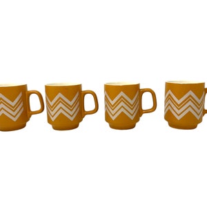 Vintage Ironstone Zig Zag Coffee Mugs | Boho Retro Kitchen 50s 60s 70s Mustard Yellow Tan Romania
