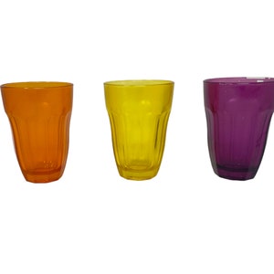 Pasabahce Palaks Glass Thumbprint Juice Glasses Jewel Colored Set Glassware Glasses 60s 70s Purple Orange Yellow | Retro Kitchen Dining