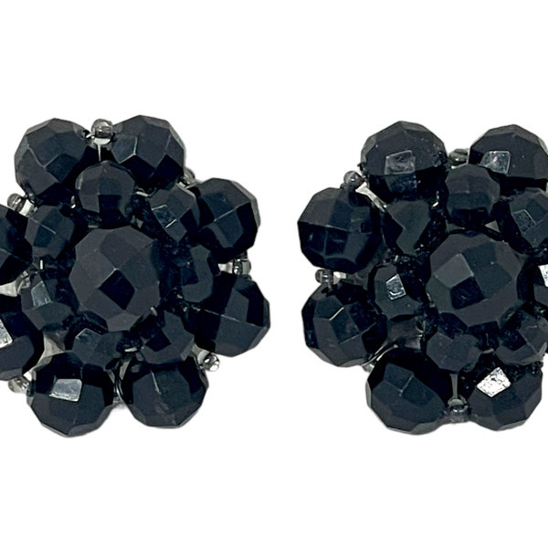 Vintage West Germany Black Cluster Clip On Earrings | 50s 60s Retro Costume Jewelry