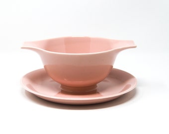 Homer Laughlin Jubilee Shell Pink Gravy Boat with Attached Drip Plate