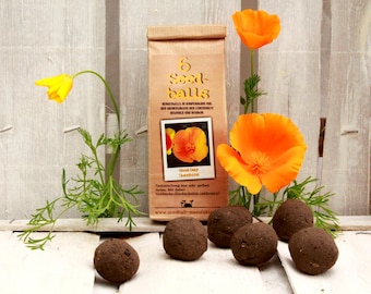 6 Seedballs, Good Day Sunshine, with yellow blossoming seed mix, gift for garden lovers