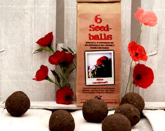 Bolas de semillas Poppy Landscape 6er, Seedbombs con las semillas de varios mohne, regalo para los amantes del jardín,