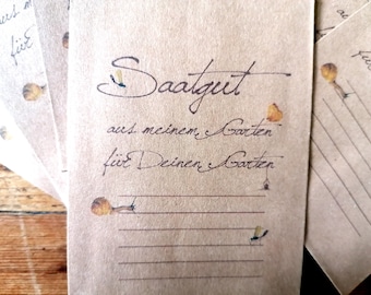 May include: A brown paper packet with the text "Saatgut aus meinem Garten für Deinen Garten" and a line for writing. The packet is decorated with small yellow flowers and a bee.