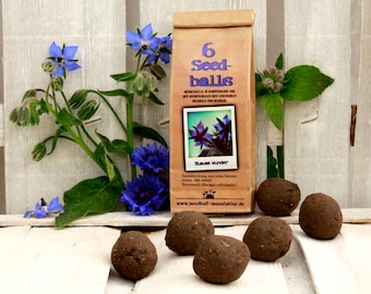 Seedballs Blue Wonder 6, Seedbombs with blue flower seeds, gift for garden lovers,