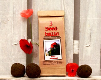 Seedballs Poppy Landscape 3er, Seedbombs met de zaden van verschillende Mohne, cadeau voor tuinliefhebbers,