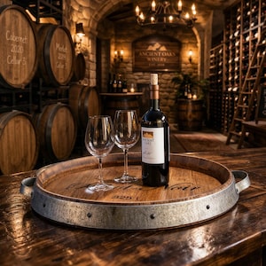 Wine Barrel Lazy Susan with Steel Rim & Handles – Reclaimed Oak Rotating Tray