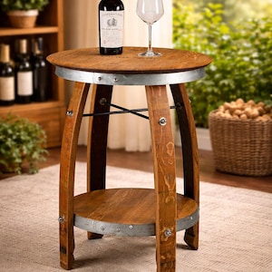 Reclaimed Wine Barrel Side Table with Shelf – Rustic Oak Barrel Furniture