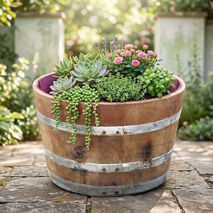 May include: A large, wooden barrel planter filled with a variety of plants, including succulents, small pink roses, and trailing green plants. The barrel is banded with metal and sits on a stone patio, with a garden backdrop.