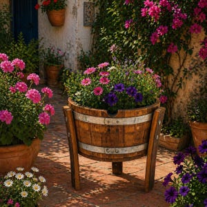 Rustic Small Half Barrel Planter on Legs Reclaimed Oak Wine Barrel