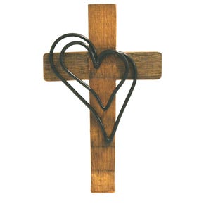 Rustic Wooden Cross with Two Hearts – Handmade Wall Decor from Reclaimed Wine Barrel Wood and Iron
