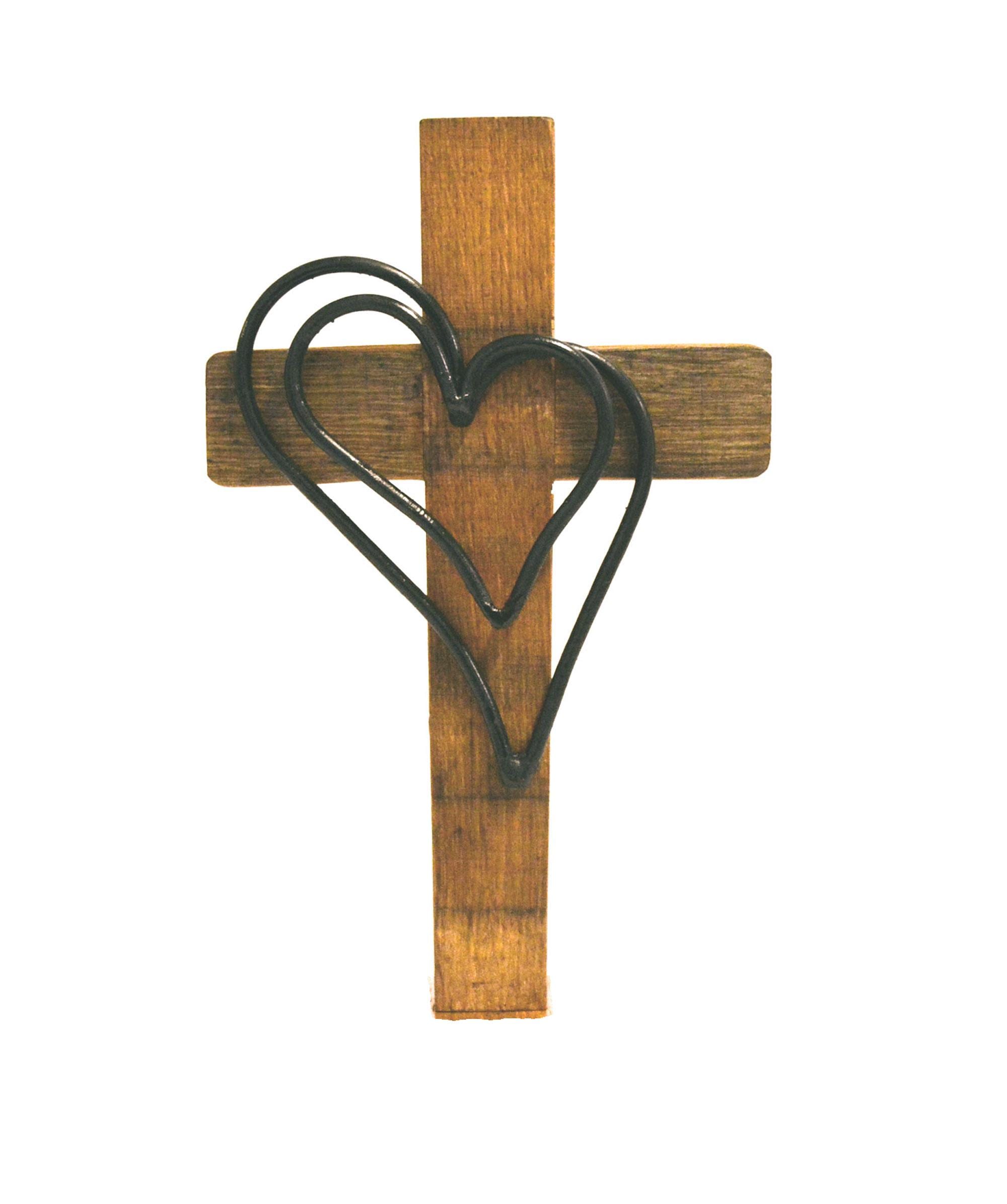 Rustic Wooden Cross with Two Hearts – Handmade Wall Decor from Reclaimed Wine Barrel Wood and Iron