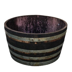 Stained Wine Barrel Planter – 28&quot; Wide Half Barrel Pot – Reinforced with Screws – Rustic Oak Garden Decor – 48 lbs