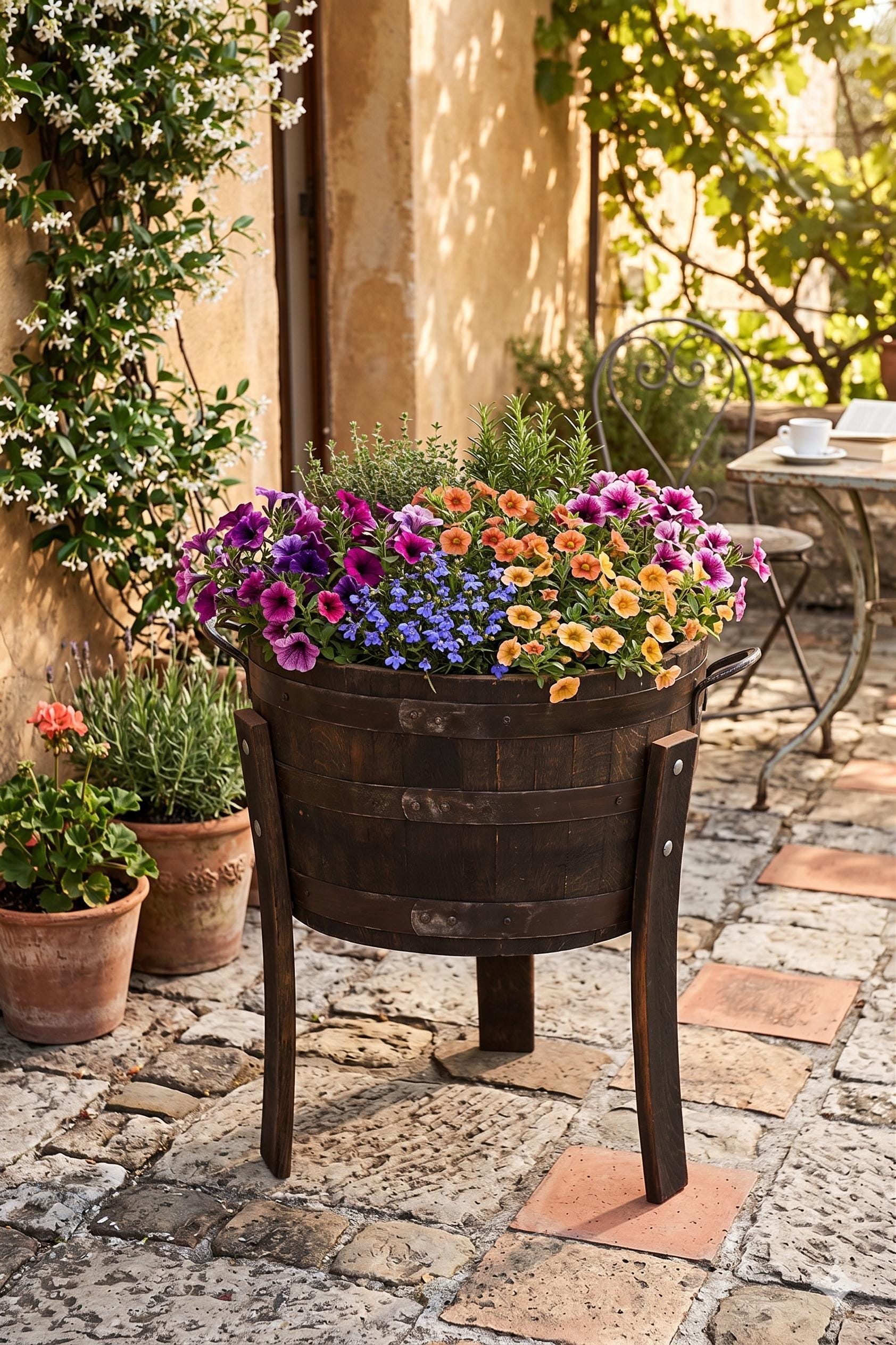 Whiskey Barrel Planter With Horseshoe Handles: Rustic Oak Garden Pot - Etsy