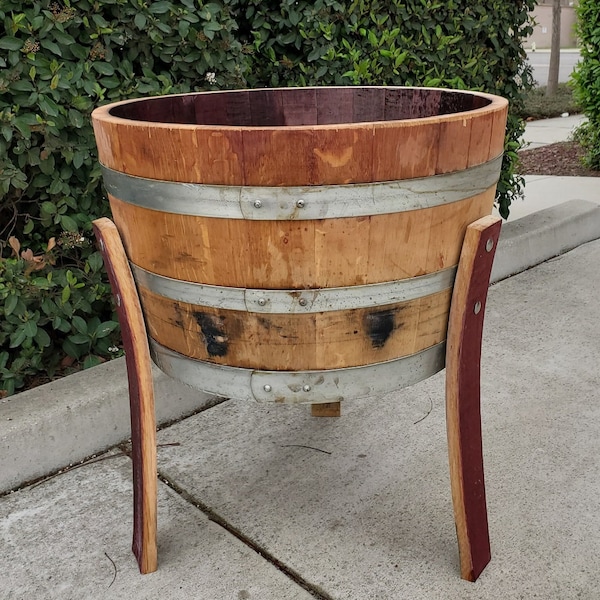 1/2 Wine Oak barrel planter With Legs/ Handmade