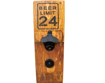 Beer Limit 24 Bottle Opener: Wine Barrel Wood, Magnetic Cap Catcher