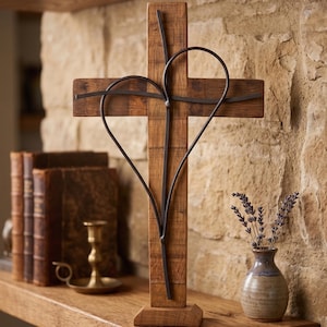 Rustic Wood Cross with Black Metal Heart – Handmade Christian Home Décor