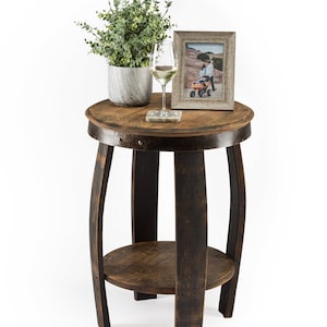 Reclaimed Oak Whiskey Barrel End Table With Shelf – Rustic Round Side Table