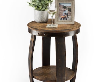 Reclaimed Oak Whiskey Barrel End Table With Shelf – Rustic Round Side Table