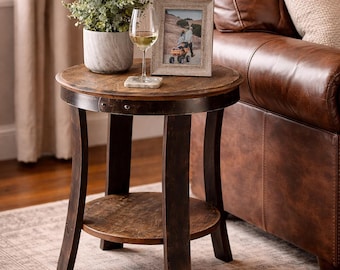 Rustic Whiskey Barrel End Table Reclaimed Oak Side Table With Shelf Handmade