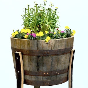 1/2 Whiskey Barrel Planter with Legs – Handmade Oak Rustic Garden Pot – 30” High – Stain & Screws Included