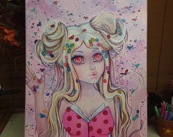 May include: A painting of a girl with long blonde hair and pink and white polka dot dress. She has pink cheeks and red eyes. The background is pink with a scattering of colorful butterflies.
