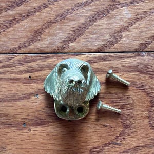 May include: A brass-colored metal cabinet knob shaped like a dog head with long ears and a textured snout. The knob features two circular mounting holes at the base and is accompanied by two matching flat-head metal screws for installation.