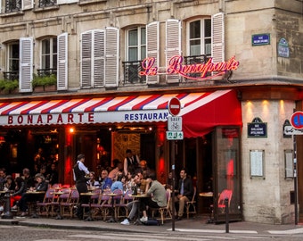 Paris Café Bonparate photo, dusk fine art Paris photography, travel photo, café life Paris