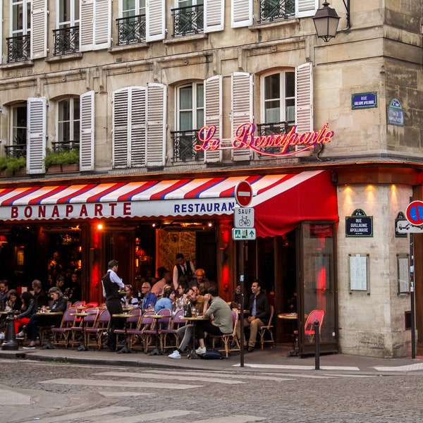 Paris Café Bonparate photo, dusk fine art Paris photography, travel photo, café life Paris